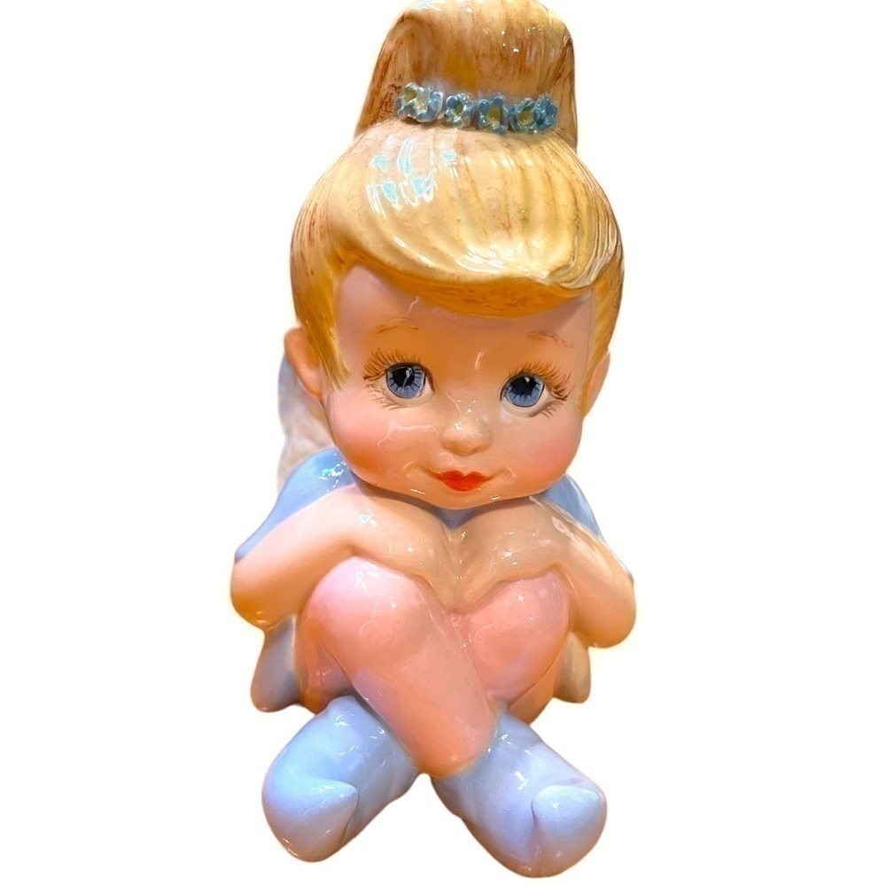 Vintage, porcelain pixie or fairy figurine, iridescent wings, 1970s/ 1980s